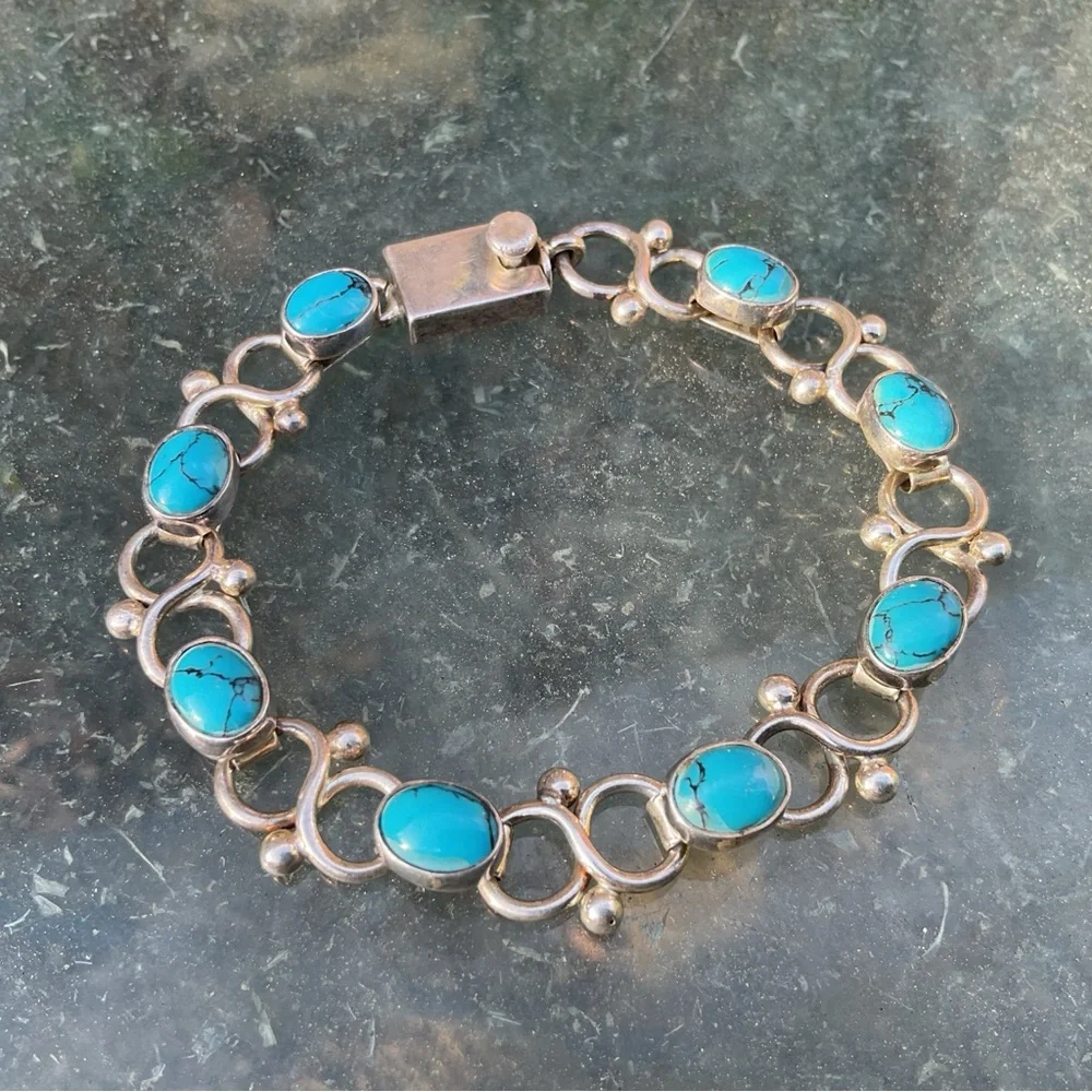 Gorgeous Mexican 925 Sterling Silver Turquoise Oval Link Chain Bracelet 7.5in - Picture 2 of 9